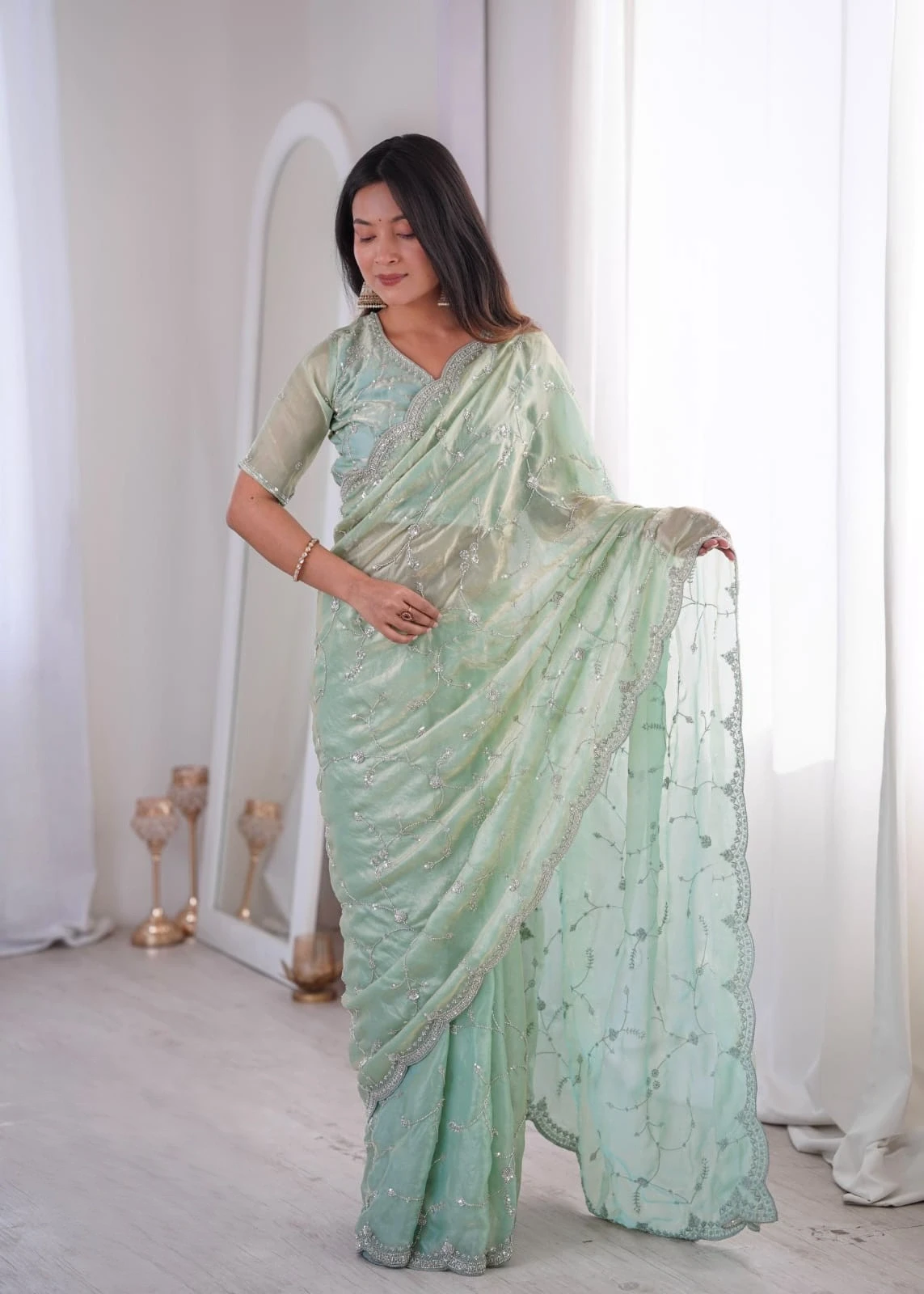 Two Tone Fandy Silk with Heavy Real Beads Moti and Threads C Pallu Work Saree